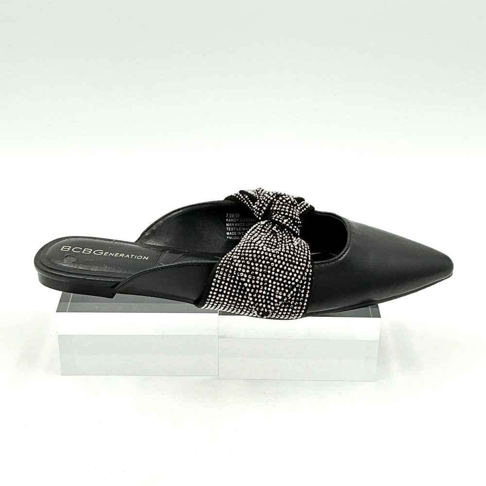 BCBGeneration Size 7.5 Black Rhinestone Bow Pointed Mules Flats NEW Kandy $89